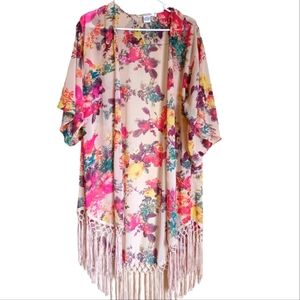 Sans Souci beutiful open floral coverup/cardigan  top with great knotted fringes